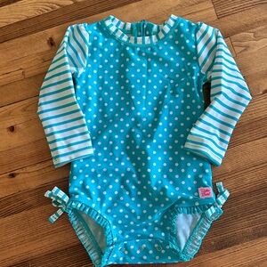 Ruffle Butts Turquoise & White Polka Dot Long-Sleeve Rashguard Swimsuit